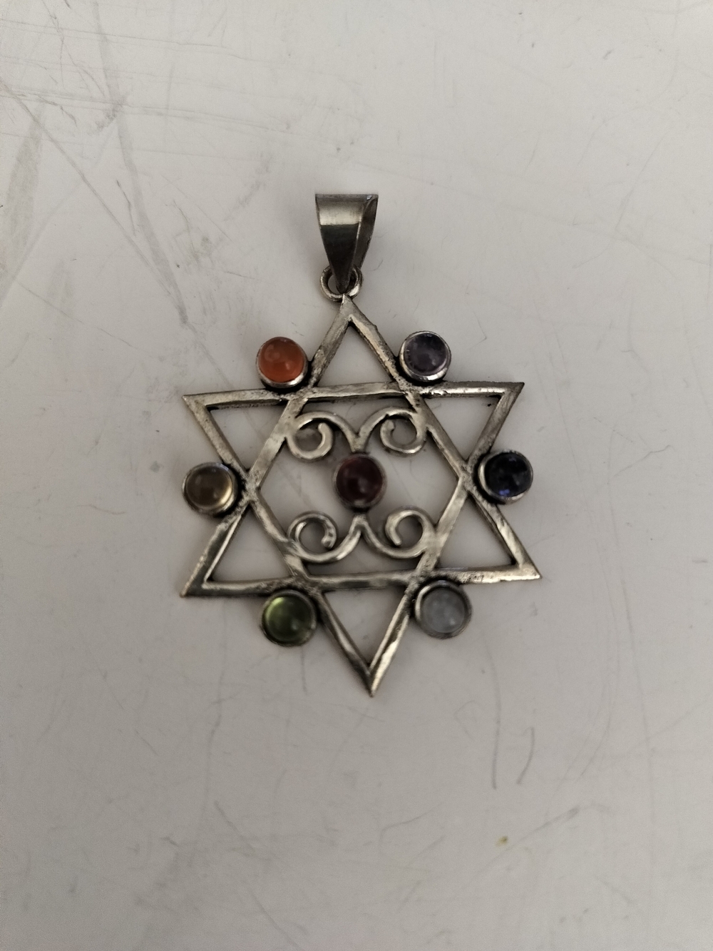 Multi-Gem Star of David Pendant Necklace - Silver Tone
